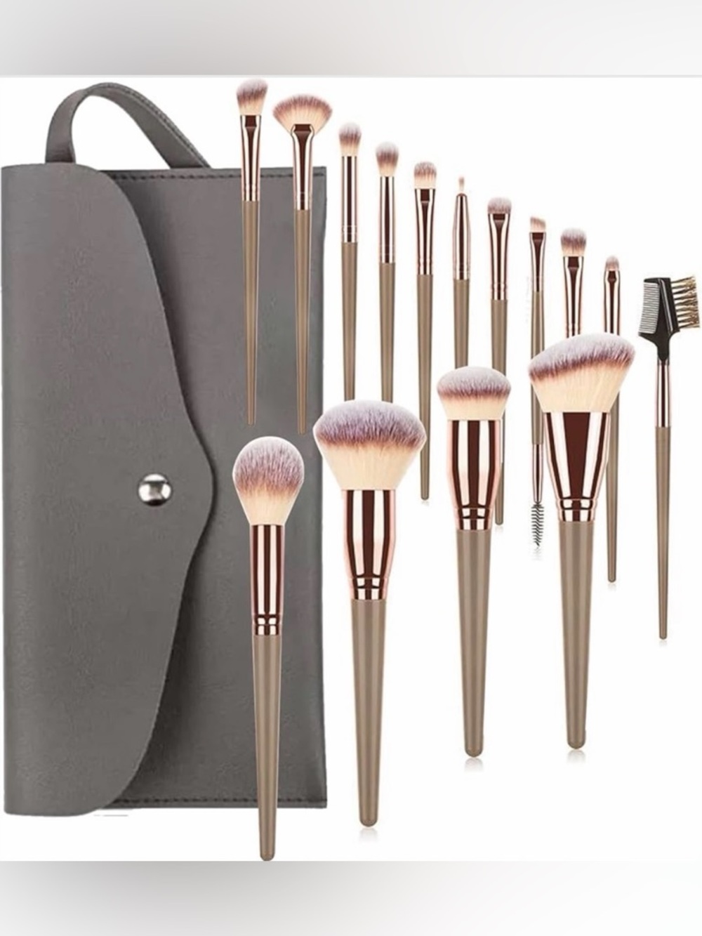 NWT~15pc Professional Makeup Full Face Brush & Case Set~Gray & Champagne Color